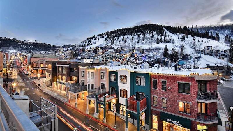 Main Street Park City in the winter near Switchback Sports